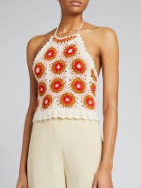 NEW Sea New York Hayden Hand Crochet Halter Crop Top Vest in Pink Orange Size S